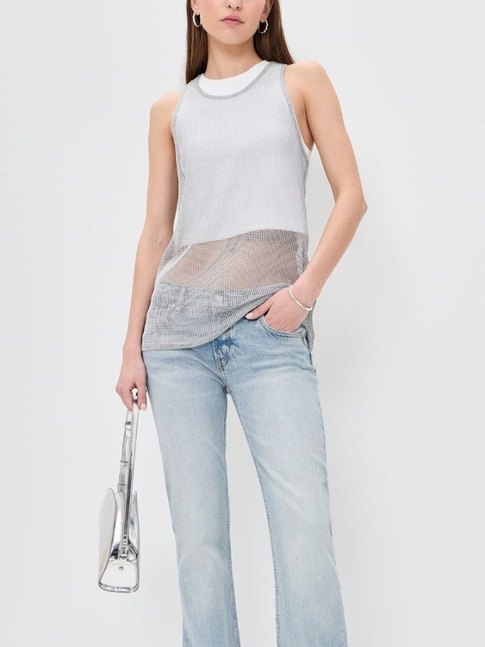 Tibi Viscose Metallic Ribbed Tank Silver Size S